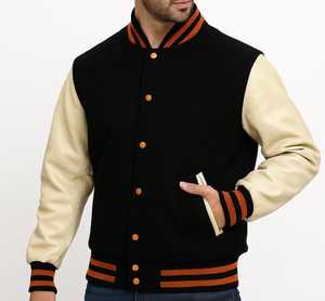 Blouson universitaire bleu marine pour homme avec manches en cuir PU, coupe classique, col montant, fermeture boutonnée, pour l'hiver, style décontracté, logo frontal - Product Image 5