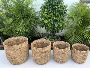 Juego de 4 Cestas Redondas Ecológicas de Jacinto de Agua Natural Trenzado – Almacenamiento Versátil para Macetas y Contenedores de Basura - Product Image 5