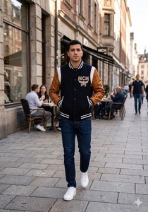 เสื้อแจ็คเก็ตบอมเบอร์ MCM Monogram Varsity สีดำ แขนหนังสีคอนยัค ดีไซน์หรูหรา - Product Image 3