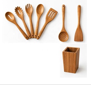 Ensemble d'ustensiles de cuisine en bois 8 pièces : cuillères, spatules, fourchettes avec support, lavage à la main, légers - Product Image 1
