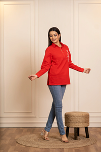 Túnica de algodón para mujer con bordado de pavo real |   Camisa de Manga Larga Estilo Kurti Étnico |   Ropa Casual Diaria y de Oficina para Mujer - Product Image 3