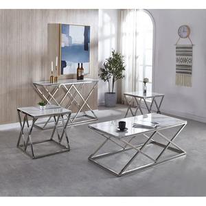 Modern Contemporary Geometric Living Room Hallway <b>Desk</b> and Center Table Set Polished Silver Finish Stone Look Surface - Product Image 1