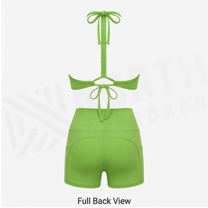 Conjunto de Yoga Verde de 2 Piezas, Top Halter con Volantes, Shorts de Cintura Alta con Bolsillos, Ropa Deportiva de Secado Rápido, Spandex y Poliéster - Product Image 2