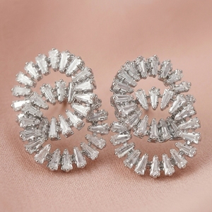Gold Baguette Cut Lab Grown Diamond Overlapping Double Circle <b>Stud</b> <b>Earrings</b> Cluster Setting for Elegant Wedding Anniversary - Product Image 1