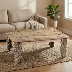 Table basse vintage en bois sculpté à la main avec motif floral, finitions métalliques, meuble rustique pour salon et salle à manger - Product Image 5
