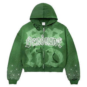 Conjunto de chándal Y2K personalizado con lavado ácido, gráfico de esqueleto con pedrería, sudadera con capucha de cremallera completa y pantalones de chándal holgados desgastados, color liso - Product Image 2