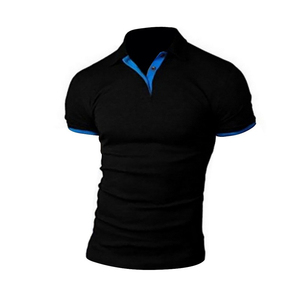 Polo noir pour homme à manches courtes, couleur unie, tricoté, style décontracté avec col et poignets bleus - Product Image 1