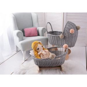 Bespoke Painted Grey Wicker <b>Doll</b> Cradle Rattan Toy Rocking Bed With Pom Poms Kids Room Styling <b>Accessory</b> - Product Image 6