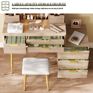 "7-Drawer Lighted <b>Mirror</b> Vanity Desk with Carved Details & Metal Legs Fluted <b>Makeup</b> Table & PU Stool" - Product Image 6