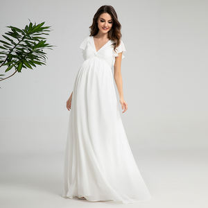 Robe de <span class=keywords><strong>soir</strong></span>ée élégante de maternité Mily Bridal ED035, coupe trapèze, col en V, froncée, longueur ras <span class=keywords><strong>du</strong></span> sol, en mousseline blanche - Product Image 1