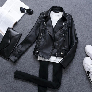 Chaqueta de Moto de Cuero PU para Mujer, Cuello Camisero, Cierre de Cremallera, Manga Larga, Color Sólido, Otoño, Largo Regular - Product Image 6
