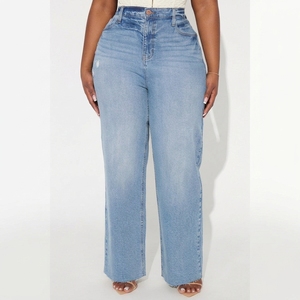 OEM/ODM <b>Womens</b> High Waisted Wide Leg <b>Jeans</b> Medium Wash <b>Blue</b> Denim Pants Raw Hem Baggy Trousers Factory Direct Wholesale - Product Image 3