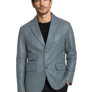 <b>Men's</b> Gray Genuine <b>Leather</b> <b>Blazer</b> Slim Fit Single Breasted Turn Down Collar Jacket - Product Image 4