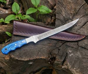 Cuchillo de Filetear de Acero de Damasco Forjado a Mano de 12 Pulgadas |   Manija de Resina Personalizada con Pasadores y Cubierta de Latón, Servicio OEM - Product Image 1