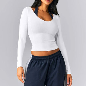Venta de Fábrica: Camiseta Deportiva de Yoga para Mujer, Cuello Ancho, Corte Recortado, Manga Larga, Material Acanalado, Alta Elasticidad, para Verano - Product Image 6