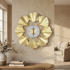Decorative Flower Shape Gold Wall <b>Clock</b> With Artistic Metal Leaves Ideal For Modern Living Room And Bedroom Decor From India - Product Image 1