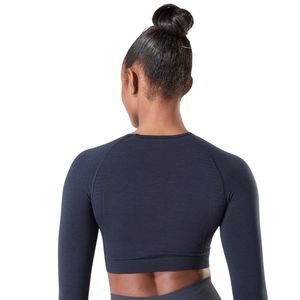 Navy Blue <b>Women's</b> Seamless Long Sleeve Crop <b>Top</b> <b>Compression</b> Gym Shirt Fitness Yoga Workout Activewear Stretch Athletic Training - Product Image 2