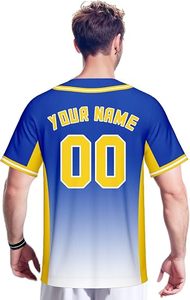เสื้อเบสบอลแบบกำหนดเองสำหรับผู้ชาย สีเหลือง-น้ำเงิน ลายเปลวไฟ พิมพ์ลายแบบระเหิด ผ้าโพลีเอสเตอร์ระบายอากาศ แขนสั้น ติดกระดุม แบบยูนิฟอร์ม - Product Image 5