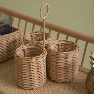 Handcrafted Rattan Cutlery Holder Basket Portable Wine Bottle Caddy <b>Desktop</b> Kitchen Utensil Storage Organizer Countertop <b>Bin</b> - Product Image 4