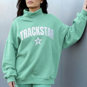 Sudadera Oversize de Cuello Alto para Mujer, Color Verde Menta Sólido, con Gráfico Trackstar, Casual, Manga Larga, Invierno, Estilo Urbano - Product Image 5