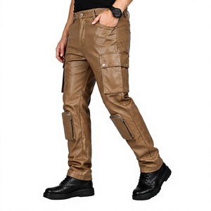 Men's Brown PU Coated <b>Cargo</b> <b>Pants</b> High Waist Multiple Pockets Workwear Style Breathable Midweight Straight Fit Autumn Wear - Product Image 5