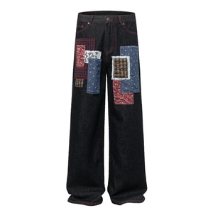 Jean ample patchwork pour homme, coupe large, style streetwear vintage délavé, Y2K, denim artistique, coupe décontractée - Product Image 1