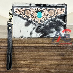 New Arrival Genuine Cowhide Fur Leather Clutch Wallet Luxury Turquoise Concho Hand Tooled Floral <b>Wristlet</b> Purses For Women's - Product Image 1