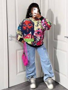 Wholesale Women's Abstract Portrait Graphic Hoodies Premium Heavy Cotton Fleece Pullover Urban Streetwear Private Label Supplier - Product Image 3