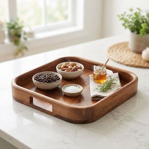 Bandeja de Servir Cuadrada de Madera de Acacia Pulida, Moderna y Desechable, con Asas, para Fiestas, de Natural House - Product Image 4