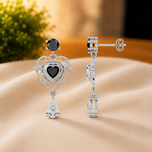 Boucles d'oreilles pendantes élégantes en forme de cœur noir avec diamants, en vermeil or blanc et moissanite, pour femme, idéales pour un anniversaire - Product Image 3