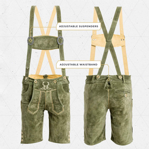 Shorts bavarois en cuir gris chic pour hommes, taille mi-haute, avec logo personnalisé, plissés, tissés, couleur unie, coupe décontractée ample, vente en gros - Product Image 4