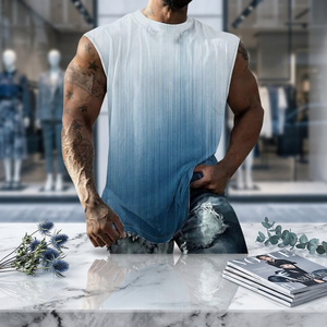 Débardeur sans manches pour homme, couleur dégradée, col rond, décontracté, tricoté, respirant, en polyester, style muscle - Product Image 2