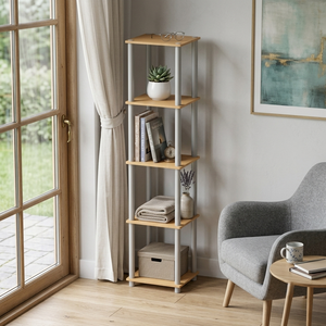 Estante de Almacenamiento Moderno 1911 Multiusos de 5 Niveles, Estantería Esquinera Estrecha de Madera, Torre Versátil Alta, Organizador de Haya y Roble - Product Image 1