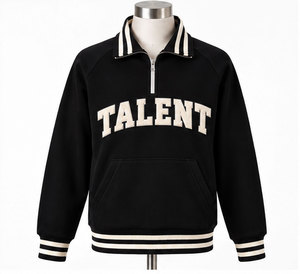 <b>Men's</b> Custom <b>Black</b> Quarter Zip <b>Sweatshirt</b> with Chenille Varsity Lettering Striped Collar Cuffs and Hem custom quater zipper - Product Image 3