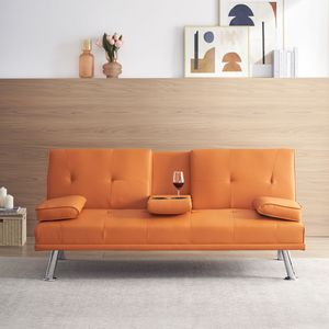 Sofá Cama Multifuncional de Cuero Naranja de 67 Pulgadas con Doble Plegado y Mesa de Centro - Product Image 1