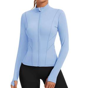 Chaqueta Deportiva de Mujer, Color Gris Claro, Manga Larga, Cierre de Cremallera, Tejida, Transpirable, Color Sólido, Largo Regular, Cuello en V, para Primavera - Product Image 6