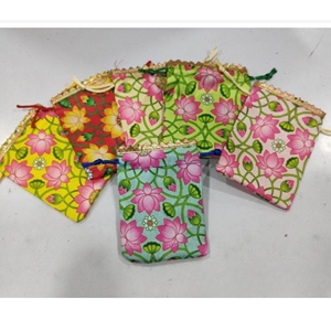 Handmade <b>Mini</b> Party Favor Potli Bag Assorted Color Fabric Drawstring Pouch with Inside Lining Both <b>Side</b> Printed Gift Bag - Product Image 3