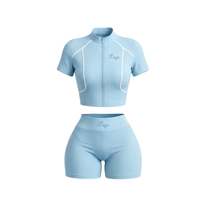 Women's Sporty 2 Piece Tracksuit Set Full Sleeve <b>Turtleneck</b> Zipper Crop <b>Top</b> With Matching Shorts Solid Color Breathable Spring - Product Image 3