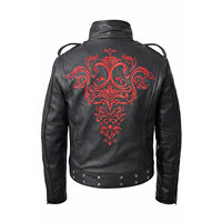 Veste en cuir gothique noire pour homme avec broderie rouge, col montant, double boutonnage, coupe ajustée, pour l'hiver