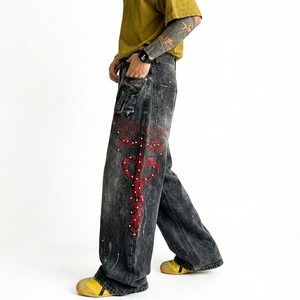 Pantalon en jean de luxe pour homme, style américain, orné de strass, tie-dye, coupe ample et large, style urbain - Product Image 1