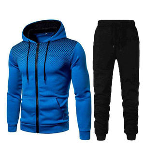 Ensemble de survêtements sportifs décontractés brodés 2 pièces pour hommes, à manches longues et fermeture éclair intégrale, tenues de sport actives pour la saison hivernale - Product Image 1