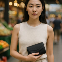 Portefeuille compact minimaliste en cuir de chèvre noir Wriza pour femme, 3 emplacements pour cartes, 2 poches, petit sac à main tendance pour femme
