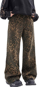 Pantalones Vaqueros Anchos Personalizados con Estampado de Leopardo, Transpirables, Ligeros, de Cintura Media, Corte Holgado, Estilo Casual Urbano para Hombre, Color Marrón con Patrón - Product Image 3