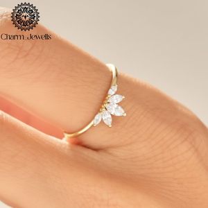 แหวนดอกไม้มอยส์ซาไนต์ Charm_Jewells ทรงมาร์คีส์ ชุบทอง 18K แบบหนามเตย แหวนพลอยสไตล์โรแมนติกสำหรับผู้หญิง - Product Image 1