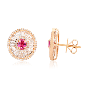 18K Solid Gold Pink <b>Tourmaline</b> Stud <b>Earrings</b> with Cushion Cut Diamond Cluster - Product Image 5