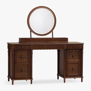 Traditional Teak Solid Wood Double Pedestal Makeup Vanity Desk <b>with</b> Round Swivel Mirror, Fluted Detail, and <b>Storage</b> Organizer Ri - Product Image 1