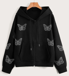 Sweat à capuche unisexe surdimensionné avec logo personnalisé en strass, effet délavé vintage, fermeture éclair, prix d'usine - Product Image 1