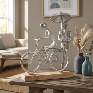Sculpture Moderne en Métal de Couple à Vélo avec Parapluie, Base en Bois, Figurines d'Art pour Table, Décoration Romantique pour la Maison (Vente en Gros) - Product Image 2