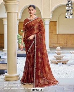 Sari indio tradicional para mujer, largo hasta el suelo, de seda con estampado en foil y bordados, para bodas, SL000113 - Product Image 3
