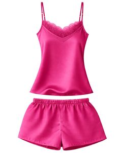 Ensemble de pyjama en satin rose vif avec dentelle pour femmes, ensemble de pyjama sexy, vêtements de nuit, vêtements de détente doux en soie, tenue d'été en deux pièces - Product Image 1